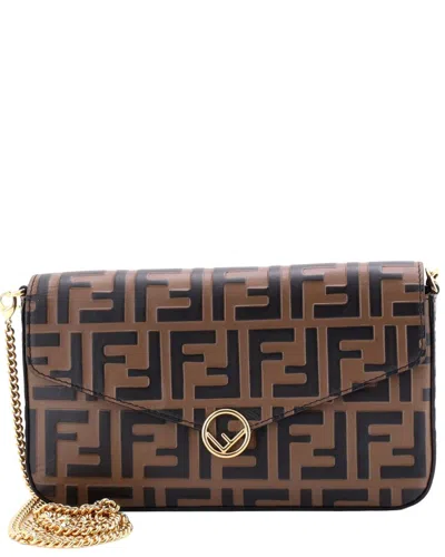 Pre-owned Fendi Brown Zucca Embossed Leather F Is Envelope Clutch On Chain (authentic  Pre-loved)