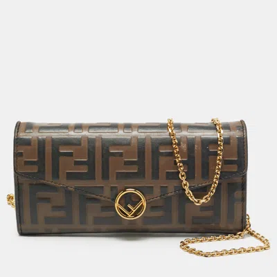 Pre-owned Fendi Brown Zucca Embossed Leather Wallet On Chain
