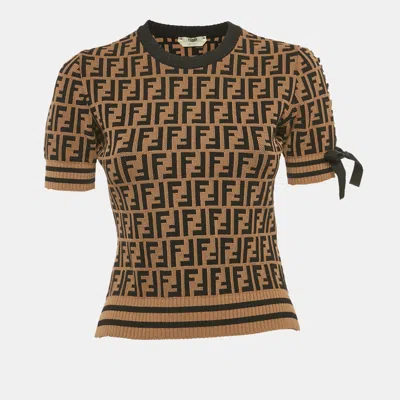 Pre-owned Fendi Brown Zucca Jacquard Knit Crew Neck Top S