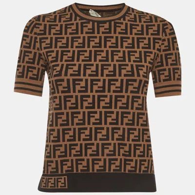 Pre-owned Fendi Brown Zucca Jacquard Knit Pullover Top S