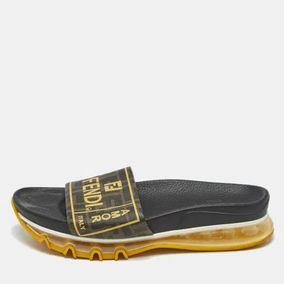 Pre-owned Fendi Brown Zucca Logo Print Coated Canvas Clear Sole Slide Sandals Size 41.5