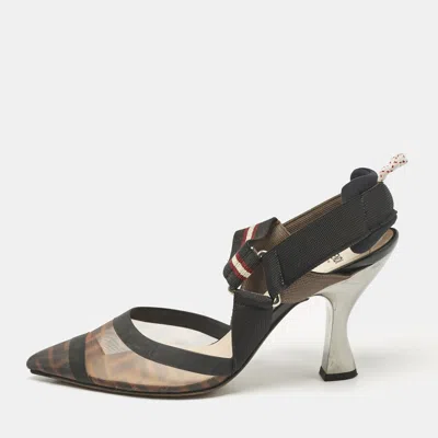 Pre-owned Fendi Brown Zucca Mesh And Canvas Colibri Slingback Pumps Size 39