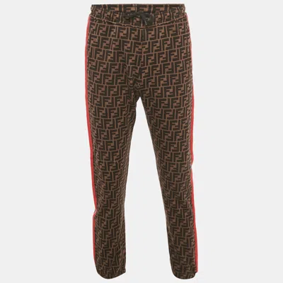 Pre-owned Fendi Brown Zucca Monogram Cotton Multicolor Stripe Detail Joggers M