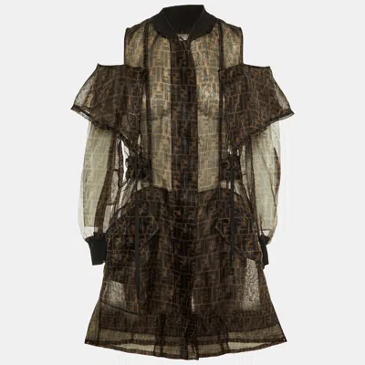 Pre-owned Fendi Brown Zucca Monogram Organza Sheer Cold Shoulder Coat S