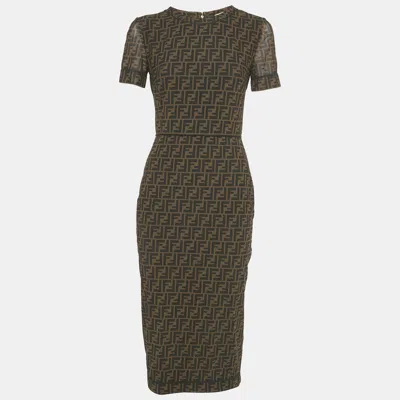Pre-owned Fendi Brown Zucca Monogram Print Mesh Midi Dress S