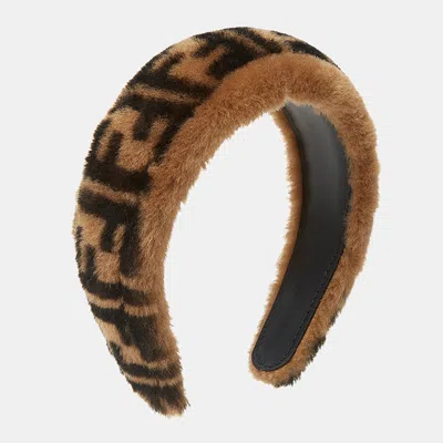 Pre-owned Fendi Brown Zucca Monogram Shearling Headband