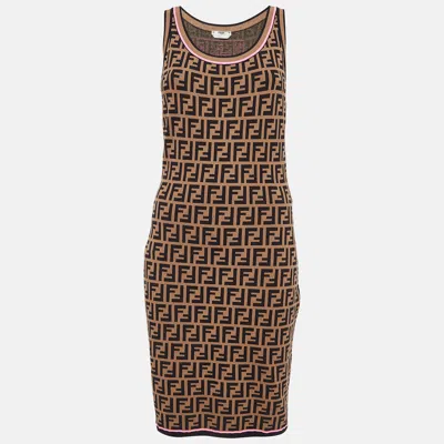 Pre-owned Fendi Brown Zucca Patterned Knit Sleeveless Bodycon Dress M