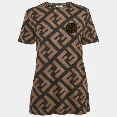 Pre-owned Fendi Brown Zucca Print Cotton Jersey Applique Detail T- Shirt S