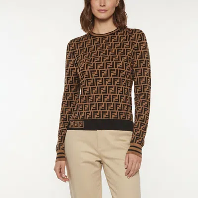 Pre-owned Fendi Brown Zucca Print Knit Long Sleeve Sweater S