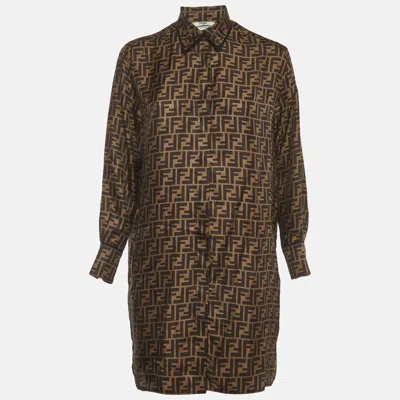 Pre-owned Fendi Brown Zucca Print Satin Button Front Mini Dress
