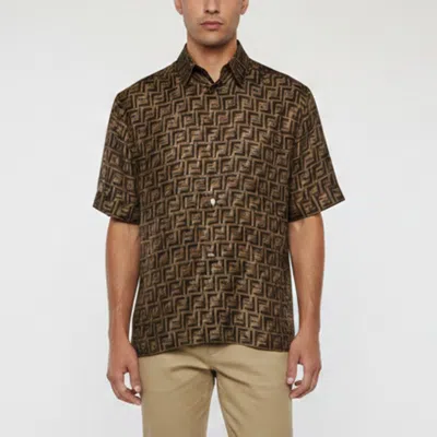 Pre-owned Fendi Brown Zucca Print Silk Short Sleeve Shirt M