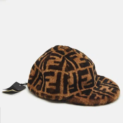 Pre-owned Fendi Brown Zucca Shearling Baseball Cap M