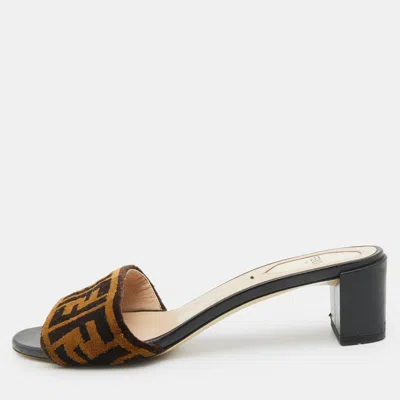 Pre-owned Fendi Brown Zucca Velvet Open Toe Slide Sandals Size 37