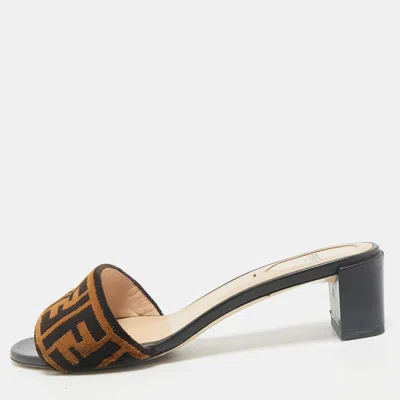 Pre-owned Fendi Brown Zucca Velvet Slide Sandals Size 38.5