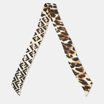 Pre-owned Fendi Brown Zucca/leopard Print Silk Bandeau Scarf