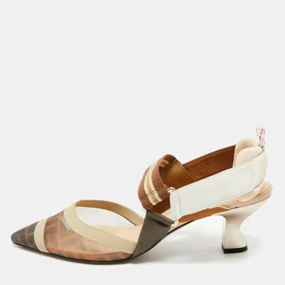 Pre-owned Fendi Brown/beige Mesh And Canvas Colibri Slingback Pumps Size 39