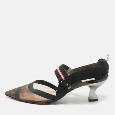 Pre-owned Fendi Brown/black Fabric And Zucca Mesh Colibri Slingback Pumps Size 39
