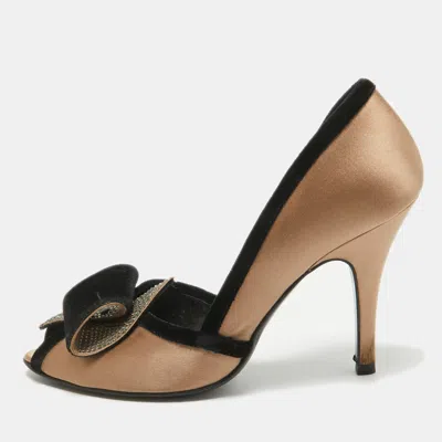 Pre-owned Fendi Brown/black Satin And Velvet D'orsay Pumps Size 37
