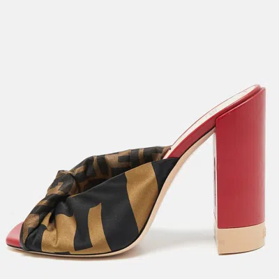 Pre-owned Fendi Brown/black Satin Logo Twist Knotted Block Heel Sandals Size 36