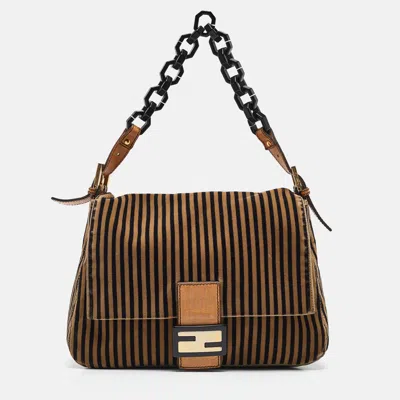 Pre-owned Fendi Brown/black Stripe Velvet And Leather Mama Shoulder Bag