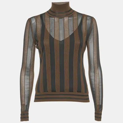 Pre-owned Fendi Brown/black Striped Knit Turtle Neck Top S