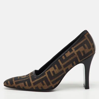 Pre-owned Fendi Brown/black Zucca Canvas And Leather Pumps Size 36.5
