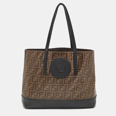 Pre-owned Fendi Brown/black Zucca Coated Canvas And Leather Ff 1974 Stamp Patch Shopper Tote