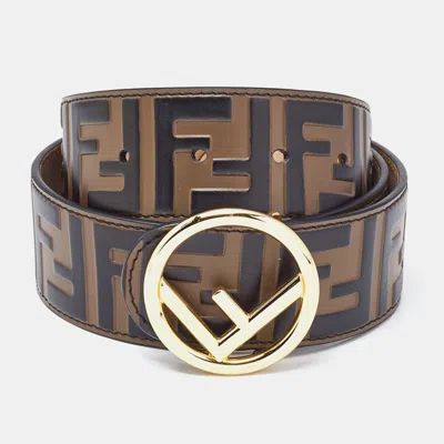 Pre-owned Fendi Brown/black Zucca Embossed Leather F Buckle Belt 75 Cm