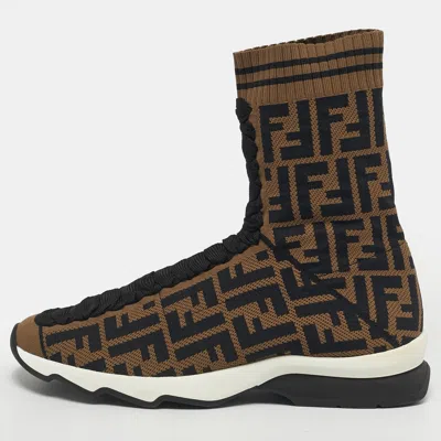 Pre-owned Fendi Brown/black Zucca Knit Fabric Sock Sneakers Size 38