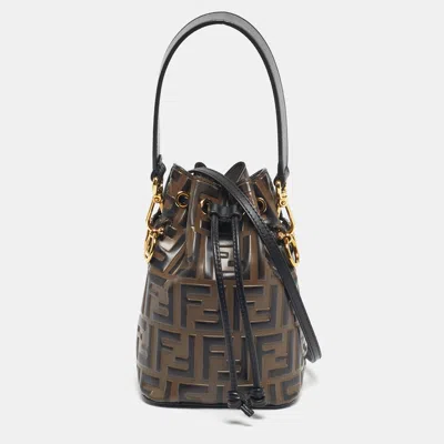 Pre-owned Fendi Brown/black Zucca Leather Mini Mon Tresor Bucket Bag