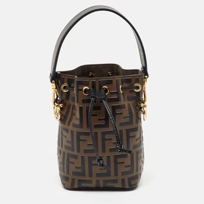 Pre-owned Fendi Brown/black Zucca Leather Mini Mon Tresor Drawstring Bucket Bag