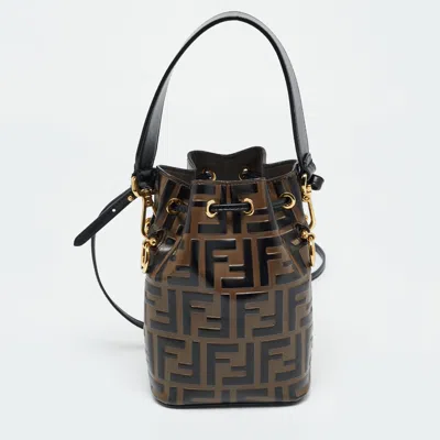 Pre-owned Fendi Brown/black Zucca Leather Mini Mon Tresor Drawstring Bucket Bag