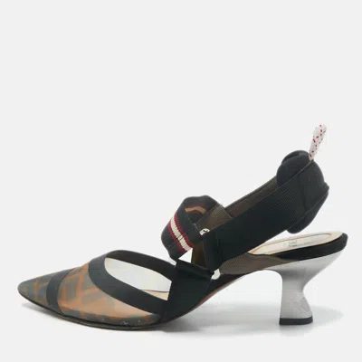 Pre-owned Fendi Brown/black Zucca Mesh And Canvas Colibri Slingback Pumps Size 38