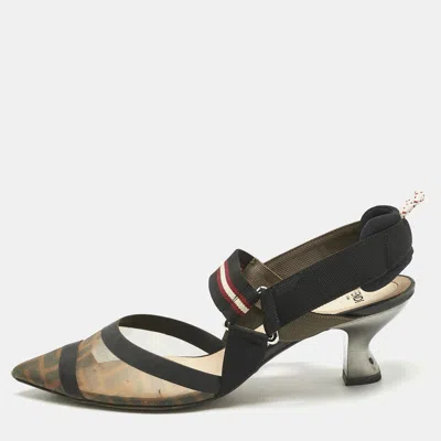 Pre-owned Fendi Brown/black Zucca Mesh And Canvas Colibri Slingback Pumps Size 39