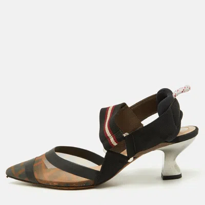 Pre-owned Fendi Brown/black Zucca Mesh And Fabric Colibri Slingback Pumps Size 35