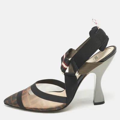 Pre-owned Fendi Brown/black Zucca Mesh And Fabric Colibri Slingback Pumps Size 39