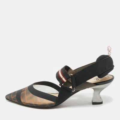 Pre-owned Fendi Brown/black Zucca Mesh And Fabric Colibri Slingback Sandals Size 37