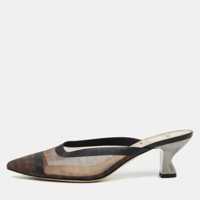 Pre-owned Fendi Brown/black Zucca Mesh And Leather Colibri Pointed Toe Mules Size 40