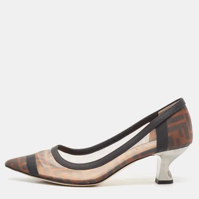 Pre-owned Fendi Brown/black Zucca Mesh And Leather Colibri Pumps Size 38
