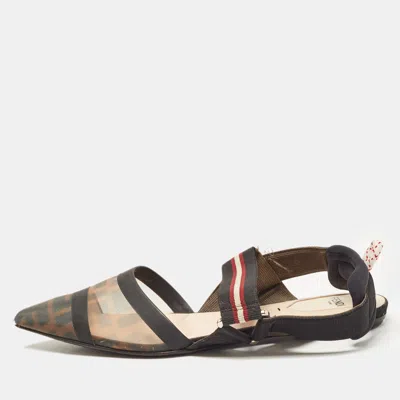 Pre-owned Fendi Brown/black Zucca Mesh And Leather Colibri Slingback Flats Size 38