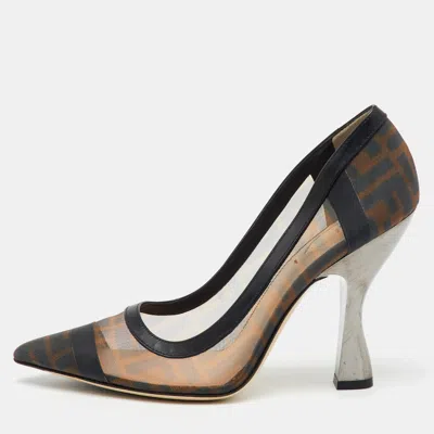 Pre-owned Fendi Brown/black Zucca Mesh And Leather Pointed Toe Colibri Pumps Size 39