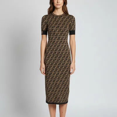 Pre-owned Fendi Brown/black Zucca Monogram Intarsia Knit Midi Dress S