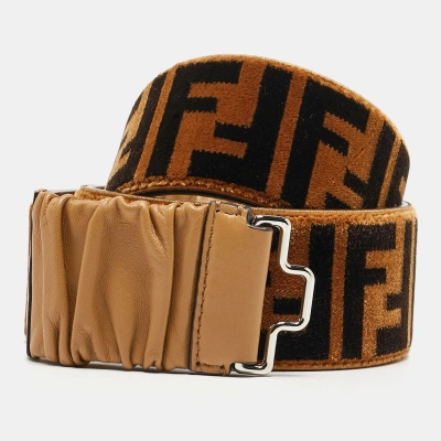 Pre-owned Fendi Brown/black Zucca Velvet And Pleated Leather Waist Belt 85cm