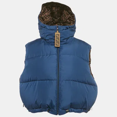 Pre-owned Fendi Brown/blue Ff Zucca Pattern Synthetic Reversible Biker Jacket M