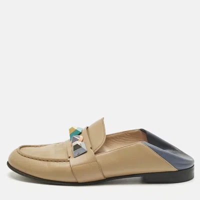 Pre-owned Fendi Brown/blue Leather Studded Loafer Mules Size 40 In Sand
