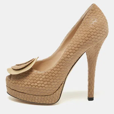 Pre-owned Fendi Brown/gold Printed Suede And Leather Peep Toe Platform Pumps Size 37