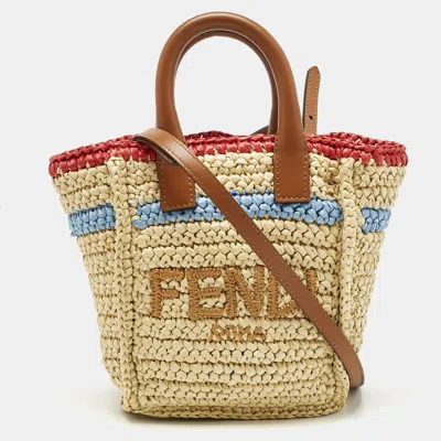 Pre-owned Fendi Brown/natural Raffia Mini Soft Sunshine Tote