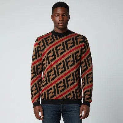 Pre-owned Fendi Brown/red Ff Logo Diagonal Stripe Wool Knit Long Sleeve Sweater Xl