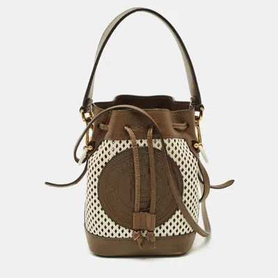 Pre-owned Fendi Brown/white Perforated Leather Mini Mon Tresor Bucket Bag