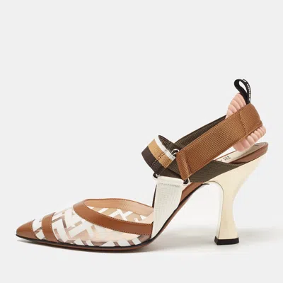 Pre-owned Fendi Brown/white Pvc And Leather Colibri Slingback Pumps Size 40